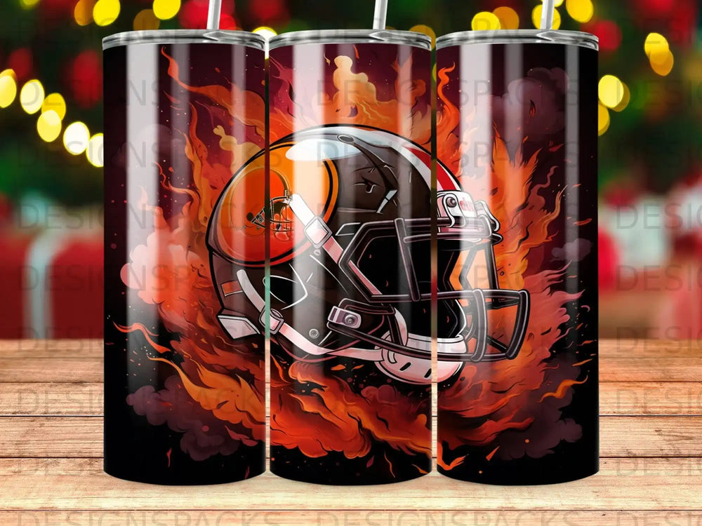 Cleveland Browns football helmet surrounded by stylized flames.