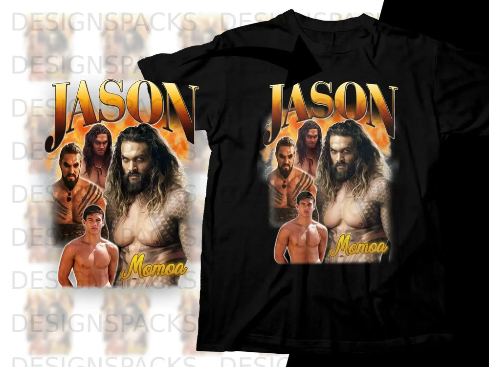 Jason Momoa t-shirt with "Momoa" text and tribal graphics.