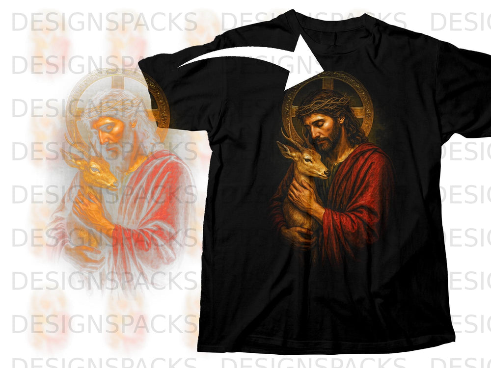 Jesus wearing a crown of thorns embraces a deer.