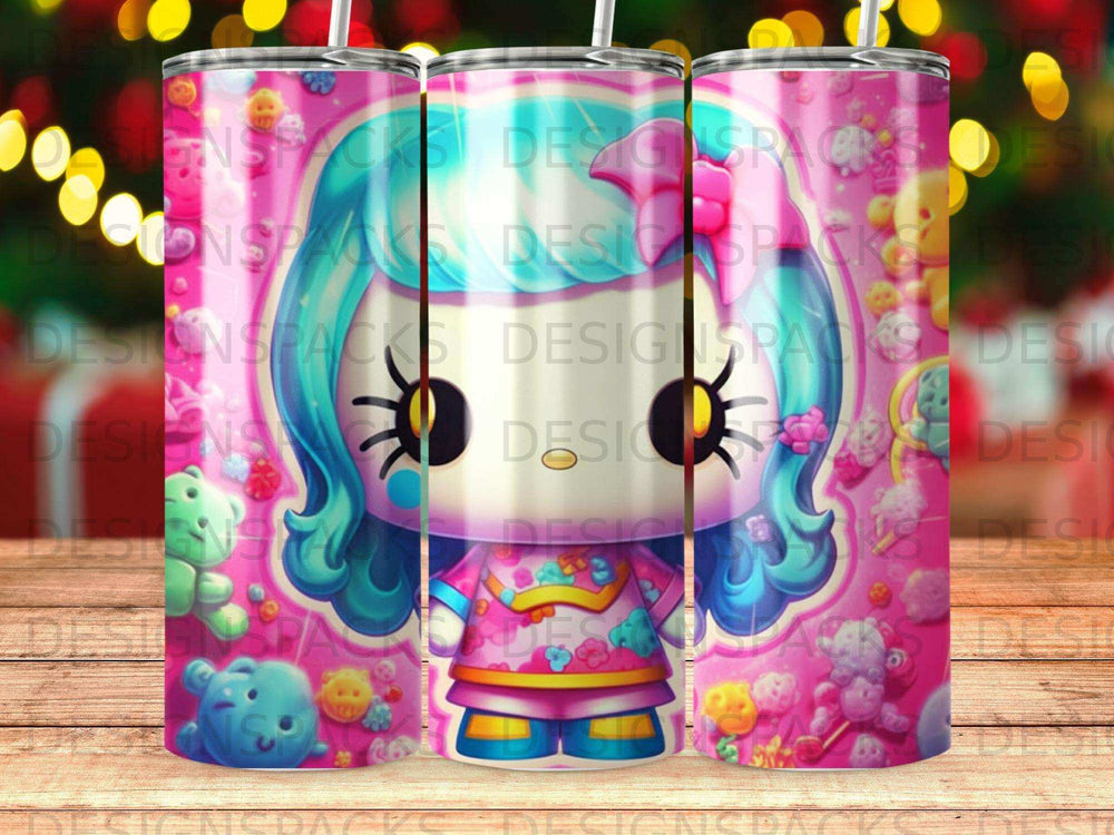 Pink and blue cartoon character tumbler with colorful toys and patterns.