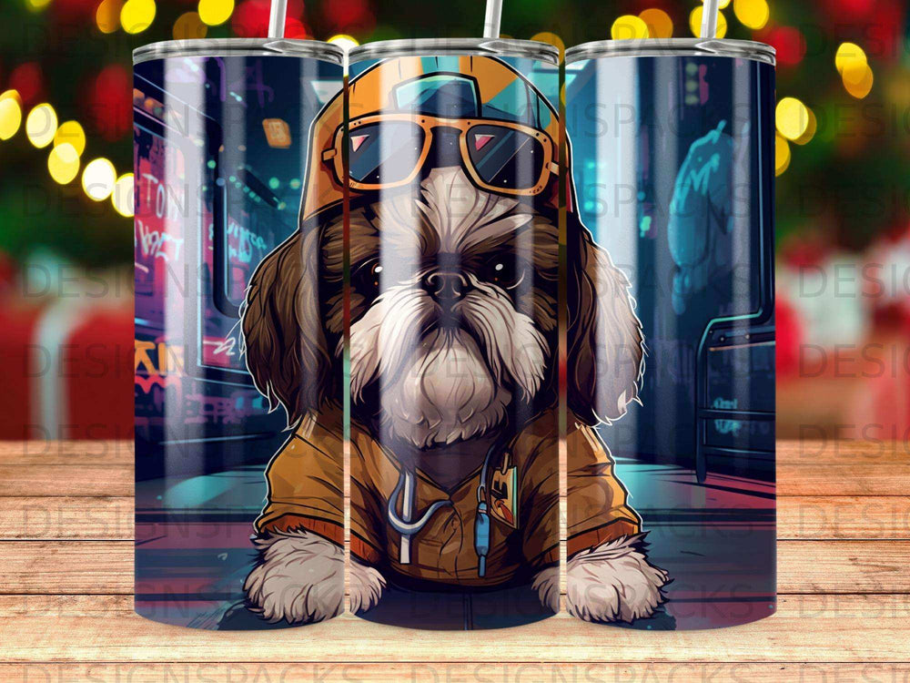 Shih Tzu dog wearing sunglasses and hoodie in a city scene.