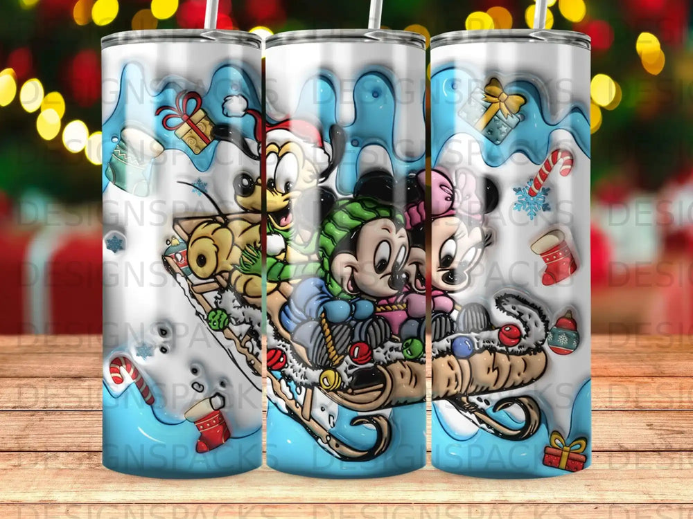 Minnie and Mickey Mouse on a sleigh with Christmas gifts and candy canes.