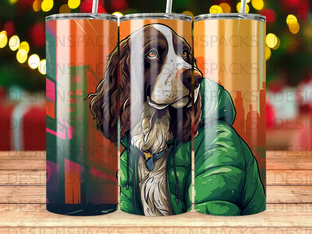 Brown and white dog wearing a green hooded jacket.