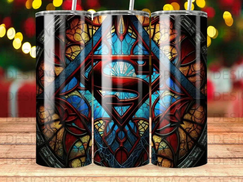Superman logo within a stained glass window pattern on a tumbler.