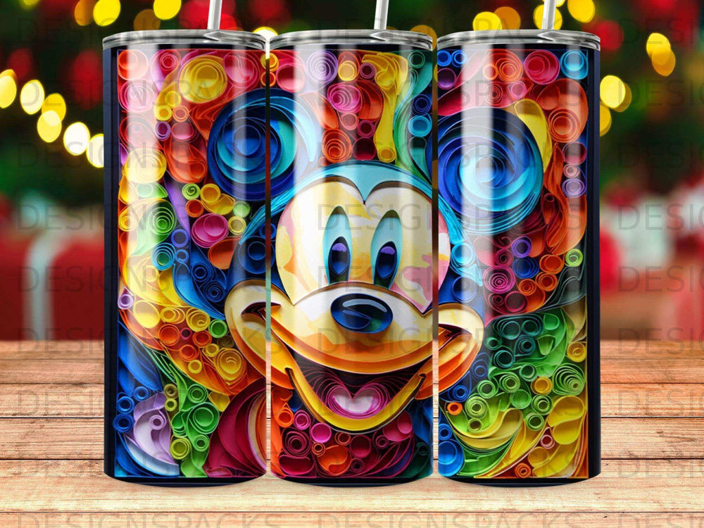Mickey Mouse face on a colorful, rolled paper design tumbler.