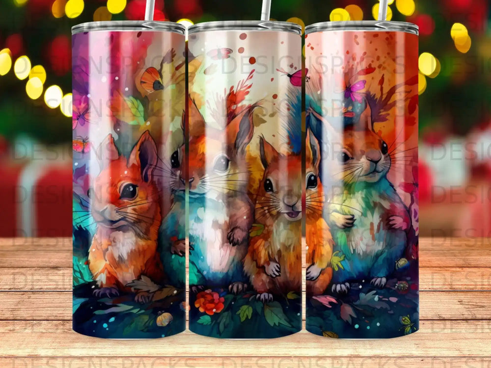 Watercolor squirrels with colorful leaves and butterflies on a tumbler.