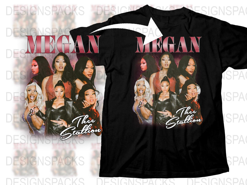 Megan Thee Stallion Graphic Tee, Women's Hip Hop Shirt, Black T-shirt with Multiple Artist Images