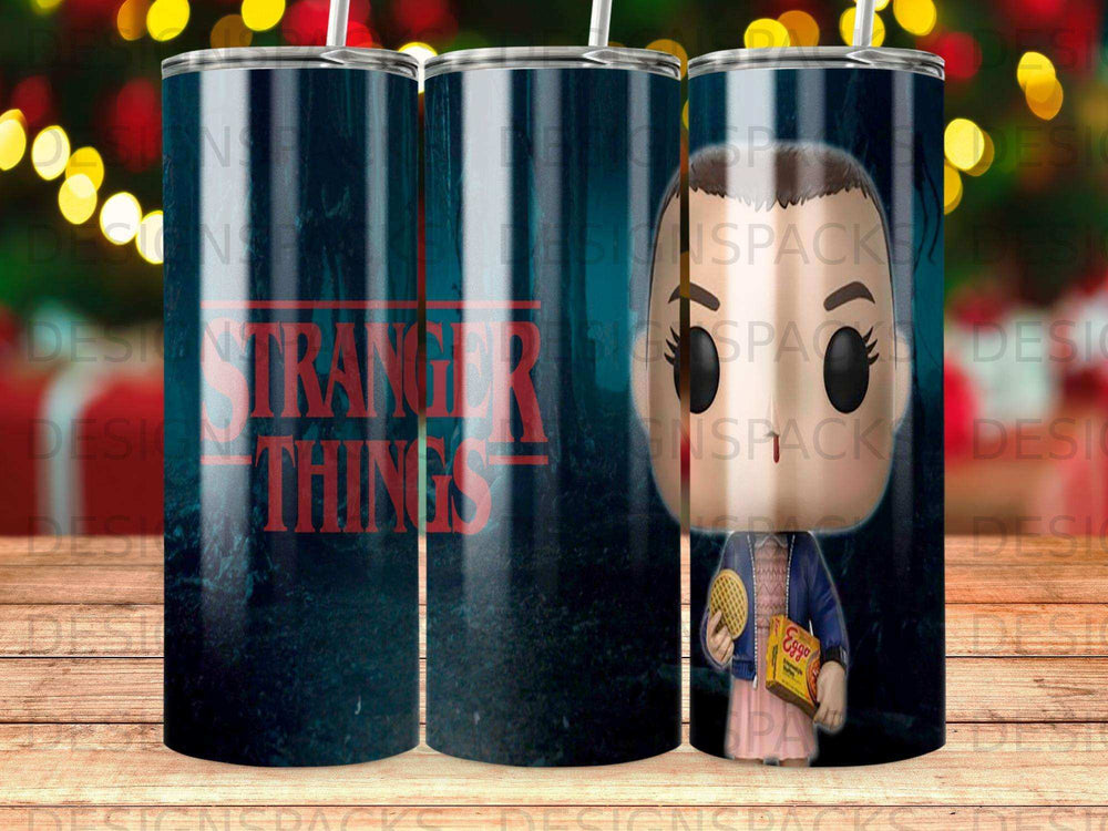 Stranger Things Eleven holding Eggo waffles on a dark blue background.