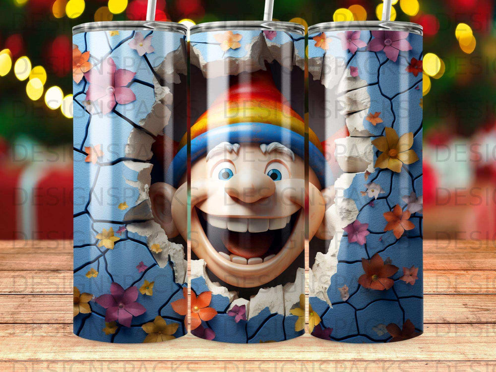 Cartoon elf face with wide grin and colorful hat, breaking through cracked blue wall with flowers.