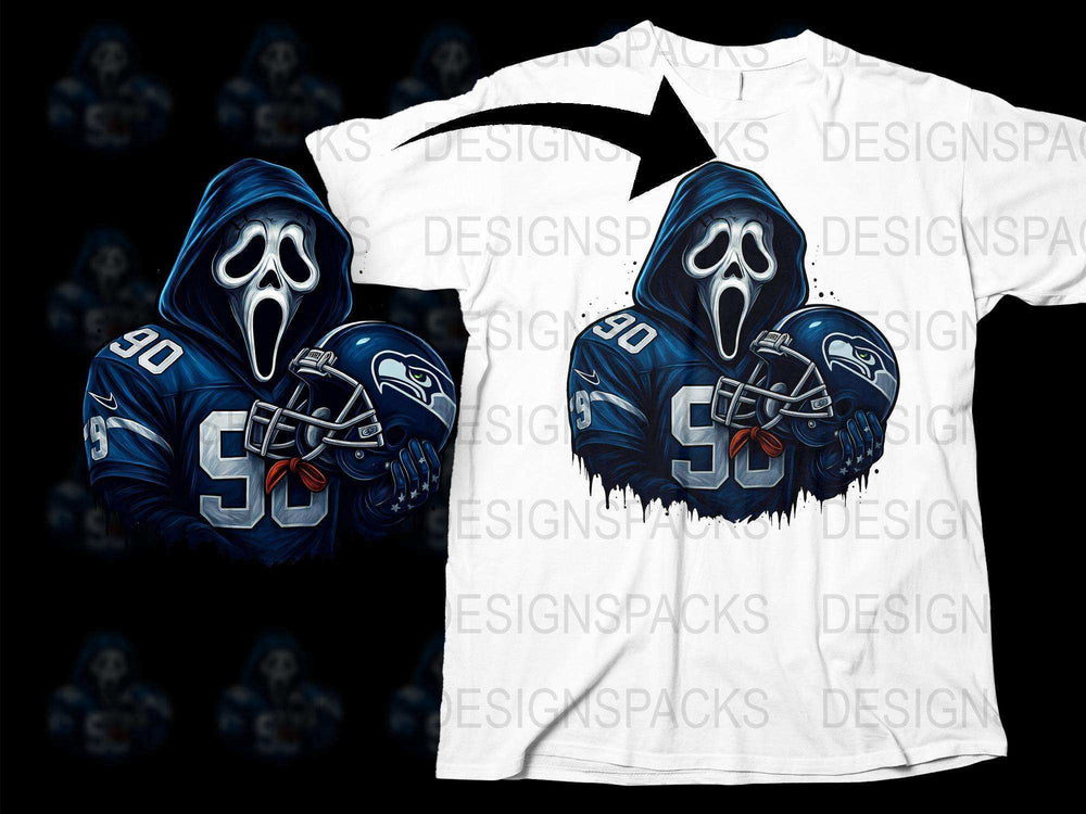 Blue Sports Theme Ghost Mask Graphic T-Shirt, Unique Halloween Costume Apparel, Football Fan Shirt