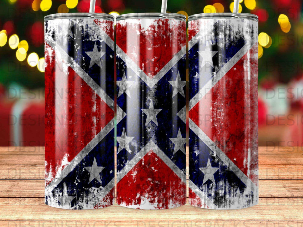 Three stainless steel tumblers with a distressed Confederate flag design.