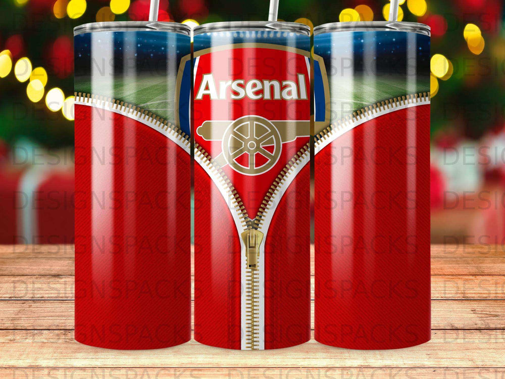 Arsenal football club logo on a red tumbler with a zipper design.