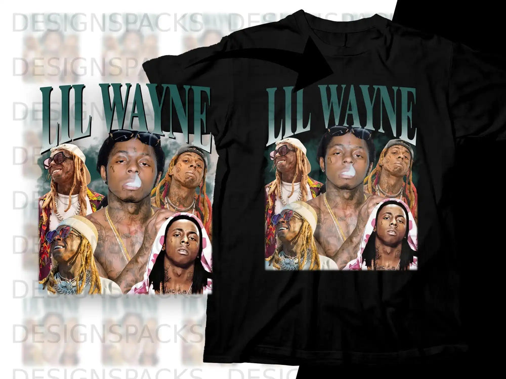 Lil Wayne collage graphic on a black t-shirt.
