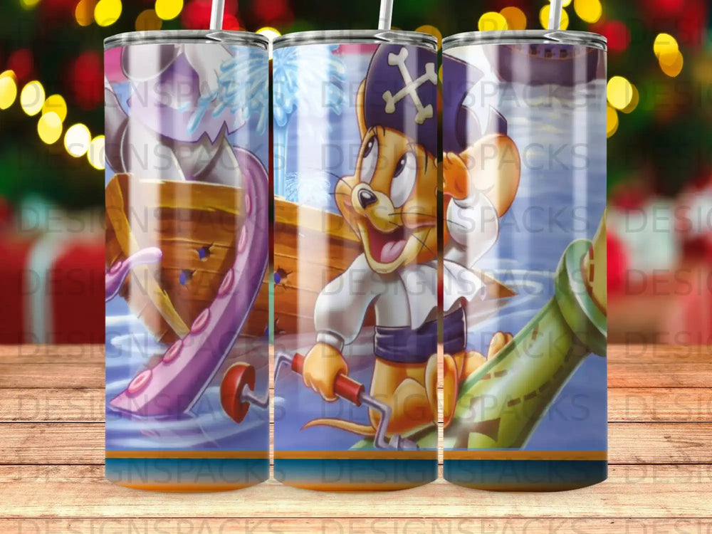 Cartoon mouse wearing pirate hat holds plunger and bucket, on a colorful tumbler.
