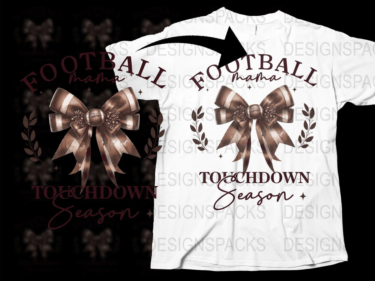 Football Mama T-Shirt, Touchdown Season Graphic Tee, Women's Sports Fan Apparel, Brown Bow Design White Shirt