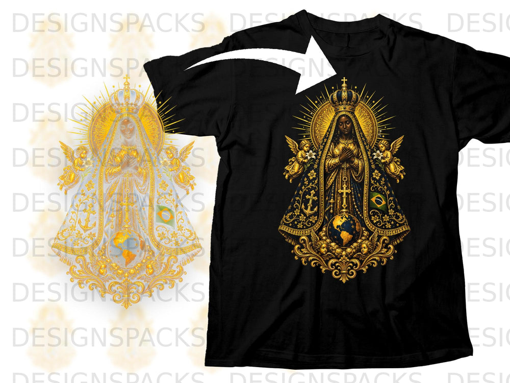 Black t-shirt with ornate gold religious design featuring a crowned figure, angels, and a globe.