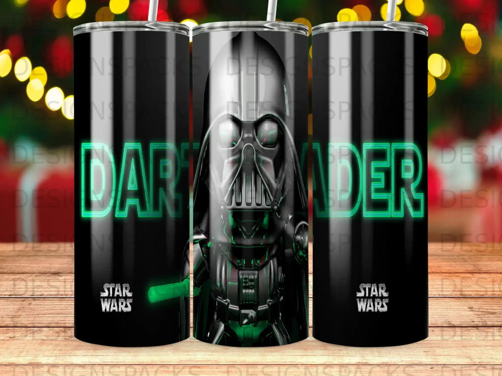 Darth Vader and Star Wars logo on a black tumbler with green glowing text.