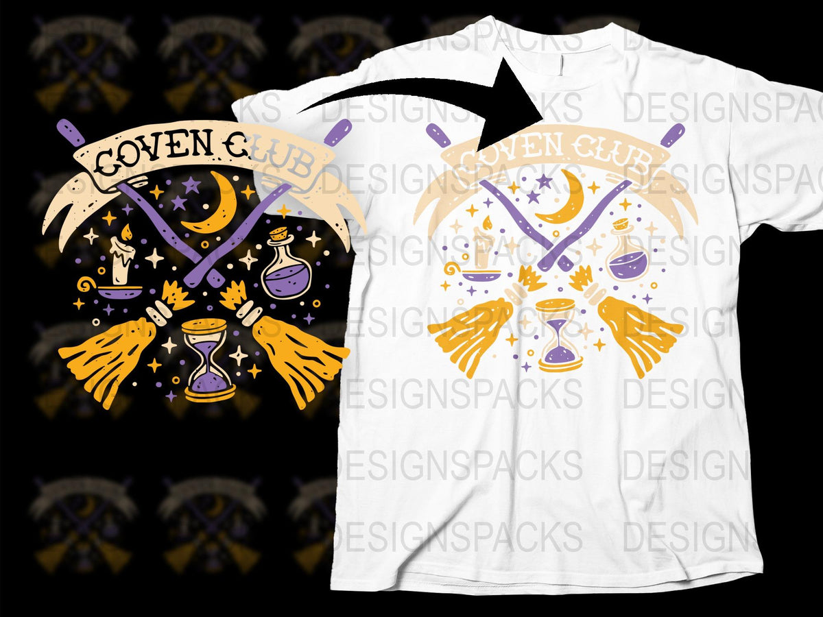 Witchy Goven Club T-Shirt, Black and White Witchcraft Symbols Graphic Tee, Magical Apparel for Halloween