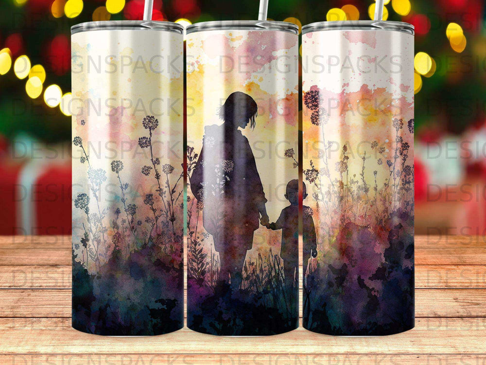 Silhouettes of parent and child walking through watercolor field, sublimation design.