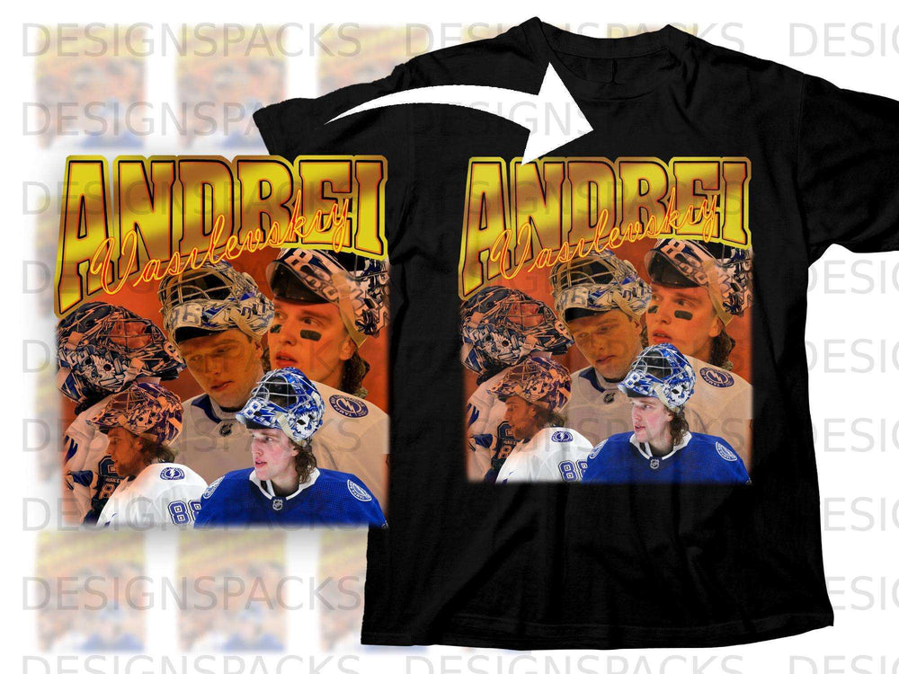 T-shirt graphic featuring Andrei Vasilevskiy in goalie mask with team logos.