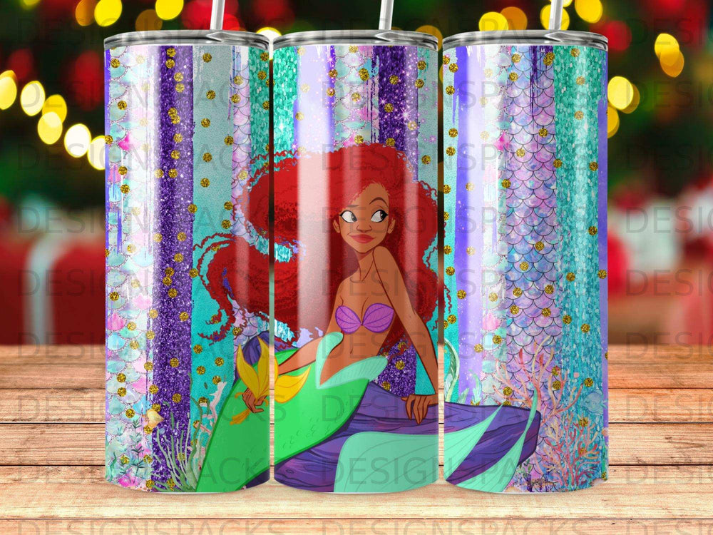 Ariel the mermaid against a sparkly purple and green ocean background.