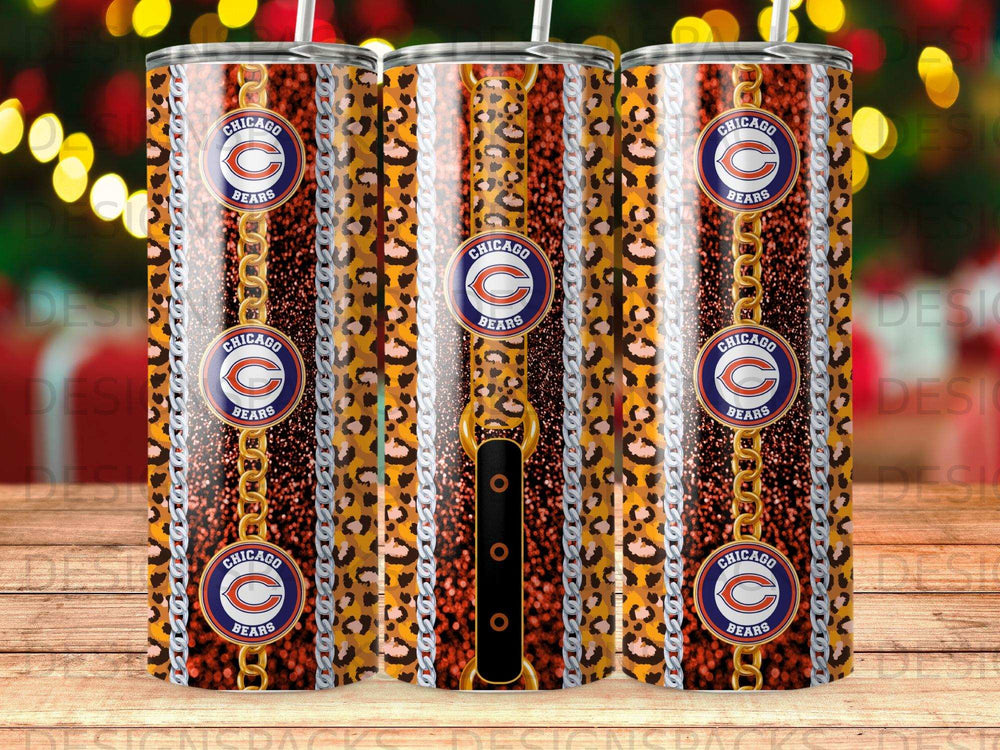 Chicago Bears logo on leopard print and gold chain tumbler pattern.