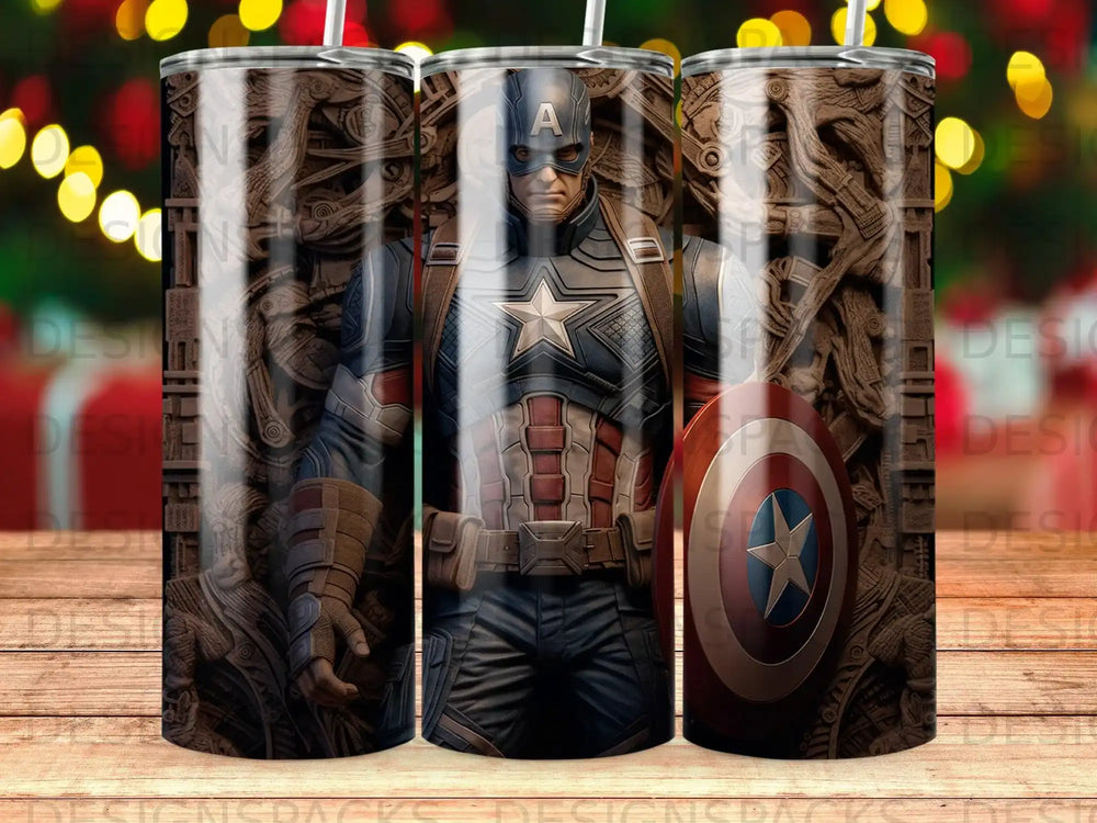Captain America with shield, detailed costume, background with bokeh lights.