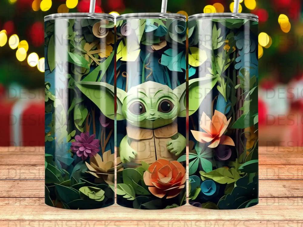 Green creature with large ears among colorful flowers and leaves.