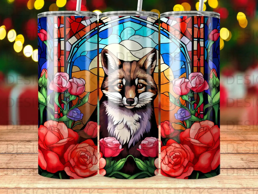 Stained glass fox surrounded by red roses and floral patterns.