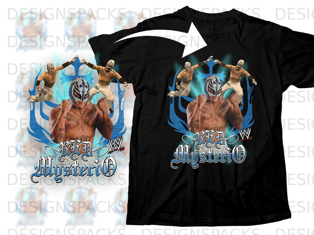 Rey Mysterio wrestling graphic on black t-shirt.