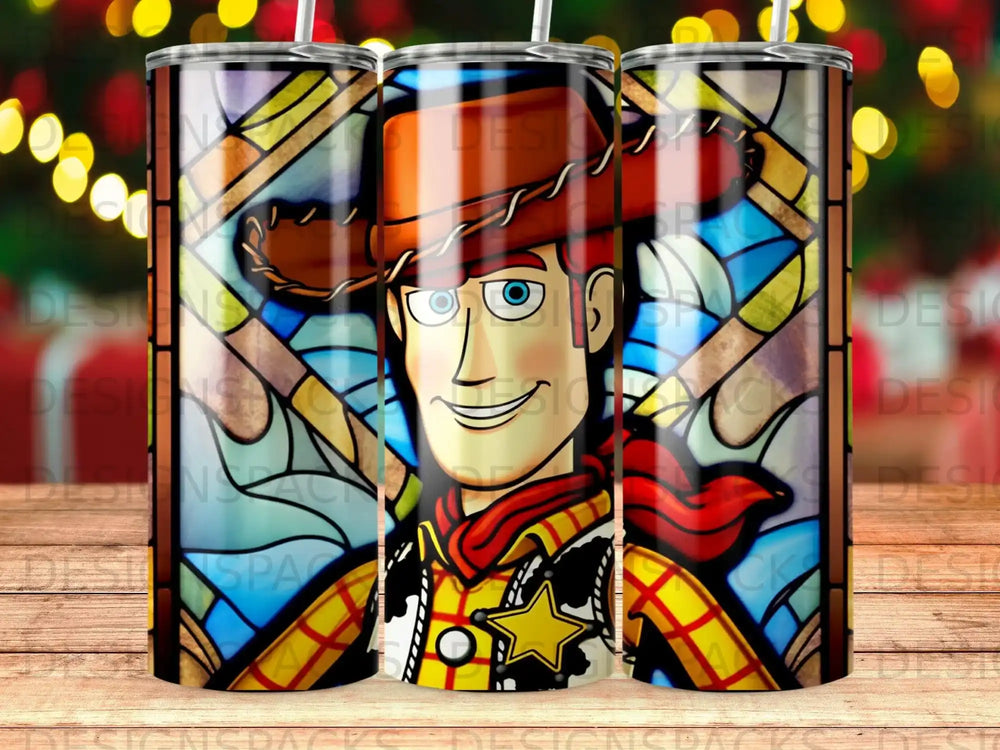 Woody from Toy Story in stained glass style on a tumbler.