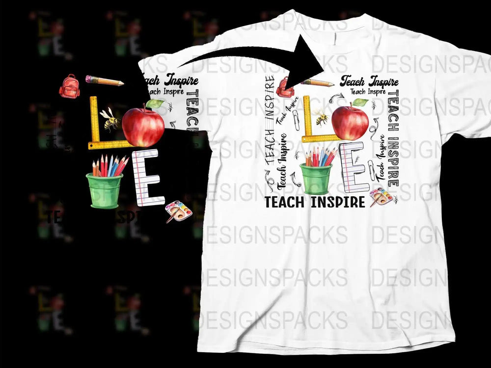 Teacher Appreciation T-Shirt, Inspire Teach Design, Apple Pencil Graphic, Unisex White Tee for Educators