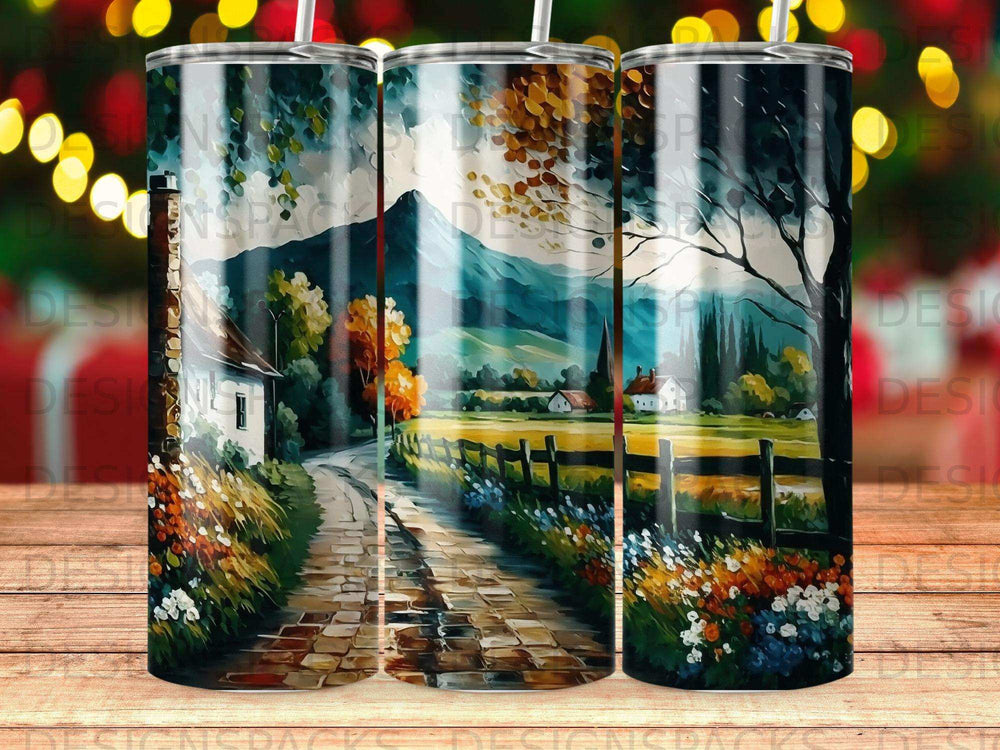 Path through countryside with flowers, trees, and mountains under a dappled sky.