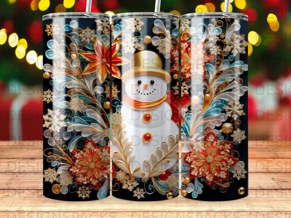 Snowman with festive floral and snowflake design on a tumbler.