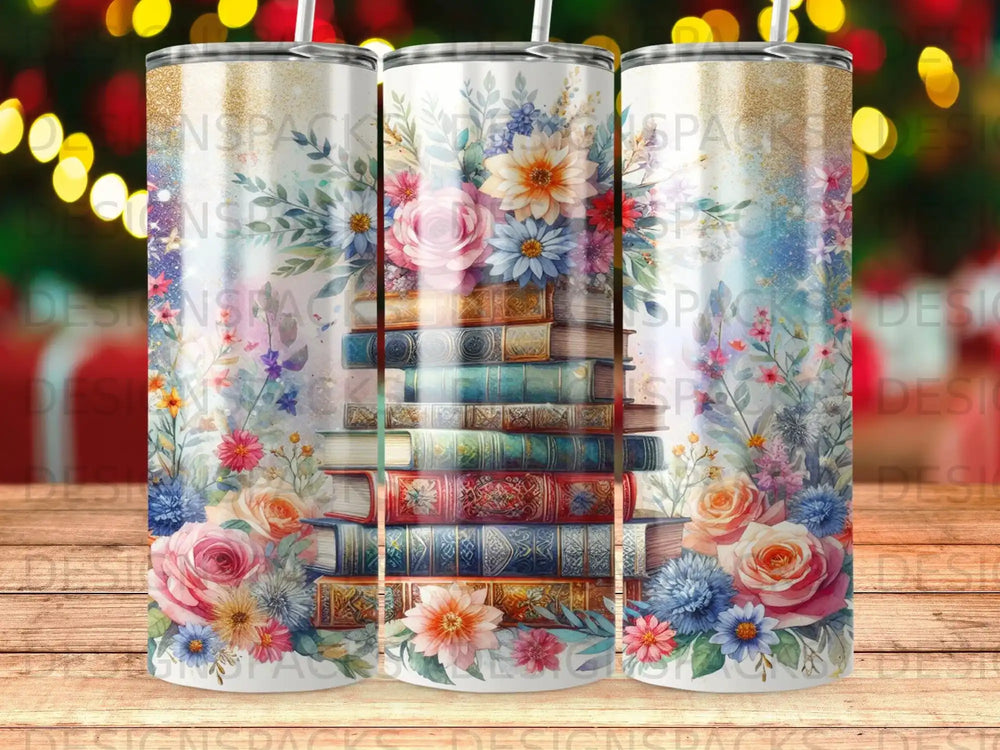 Stack of vintage books with floral accents and blurred bokeh lights.