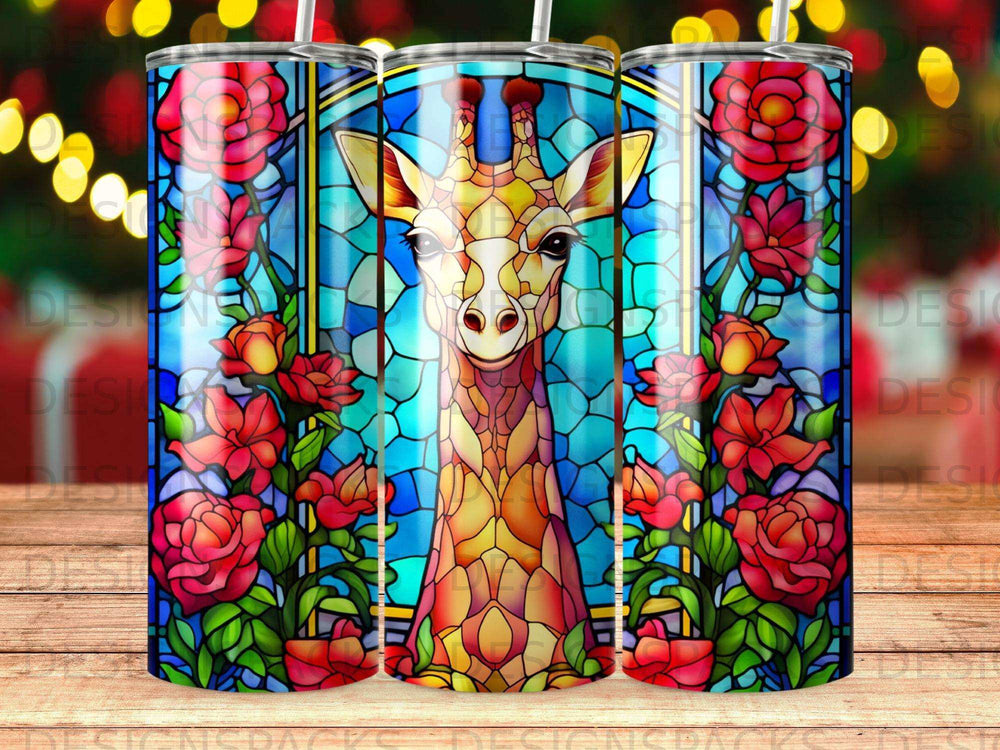 Giraffe in stained glass style surrounded by roses.