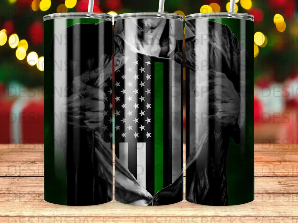 Tumbler featuring a distressed American flag with a thin green line.