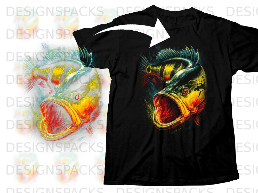 Black t-shirt with a vibrant, aggressive bass fish graphic on the front.