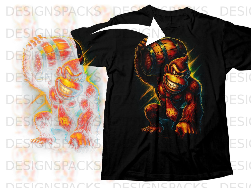 Donkey Kong character holding a barrel, printed on a black t-shirt.