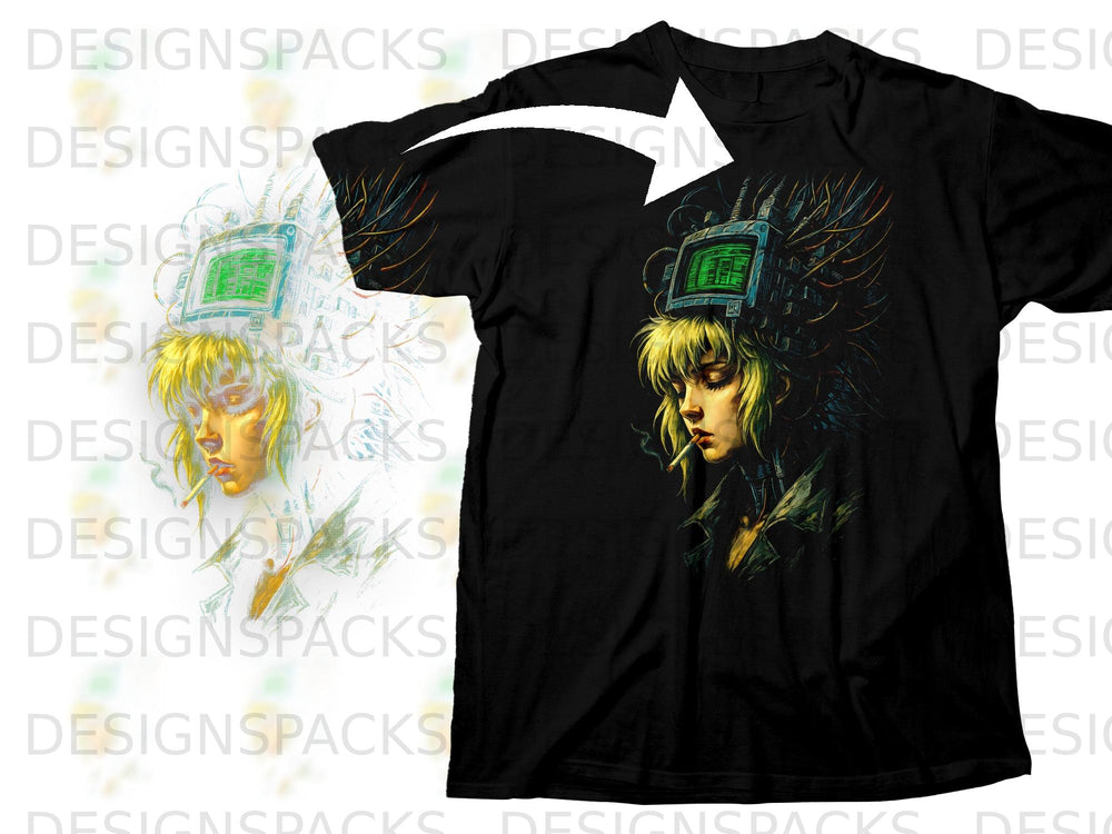 Black t-shirt with graphic of a blonde woman with wires and a screen on her head.