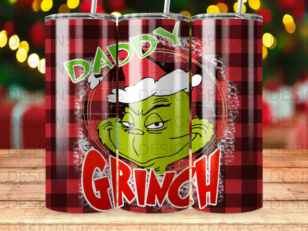 Grinch wearing Santa hat with "DADDY GRINCH" text on plaid background.