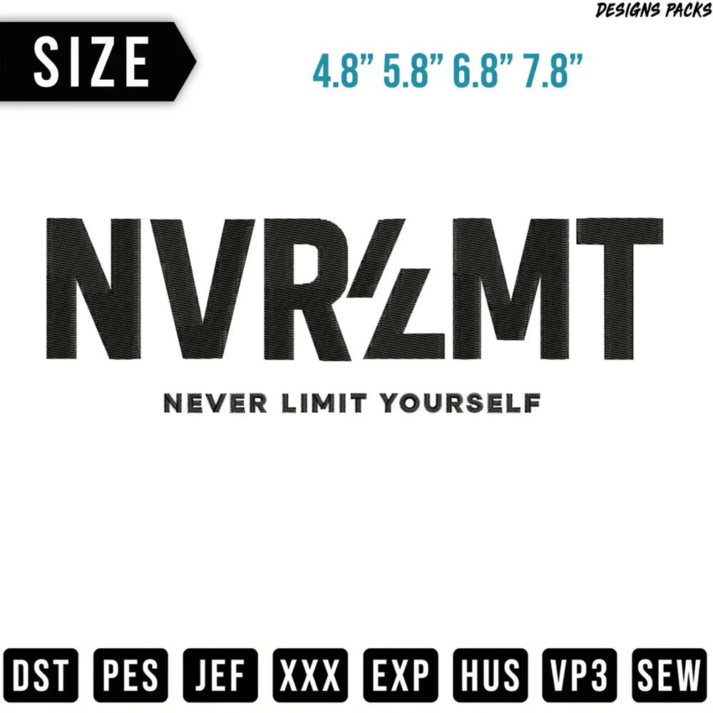 NVRZMT logo and "NEVER LIMIT YOURSELF" slogan, with size and file format options.