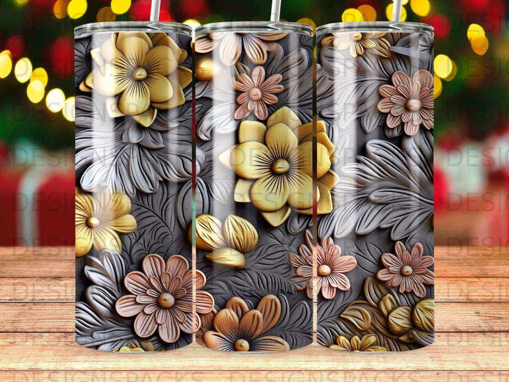 Floral pattern with embossed gold and rose gold flowers on a dark background.