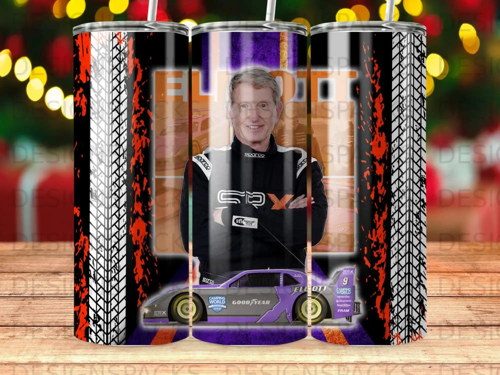 Racing car with driver and sponsor logos, "Elliott" text.