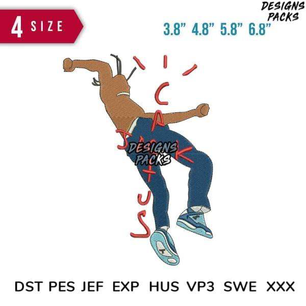 Embroidery design of dancing figure with 'DANCE' text, available in 4 sizes & formats like PES, DST, EXP for instant download.