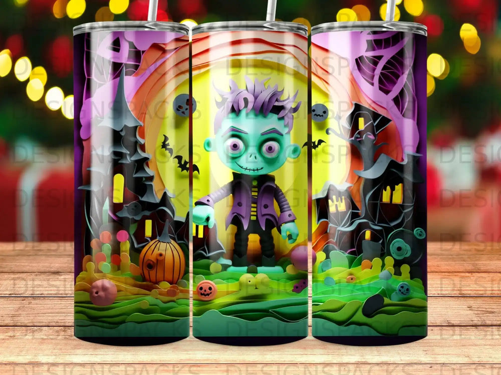 Cartoon monster with spooky Halloween scene on tumbler.