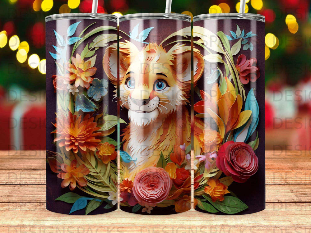 Lion face surrounded by vibrant flowers and leaves on a dark background.