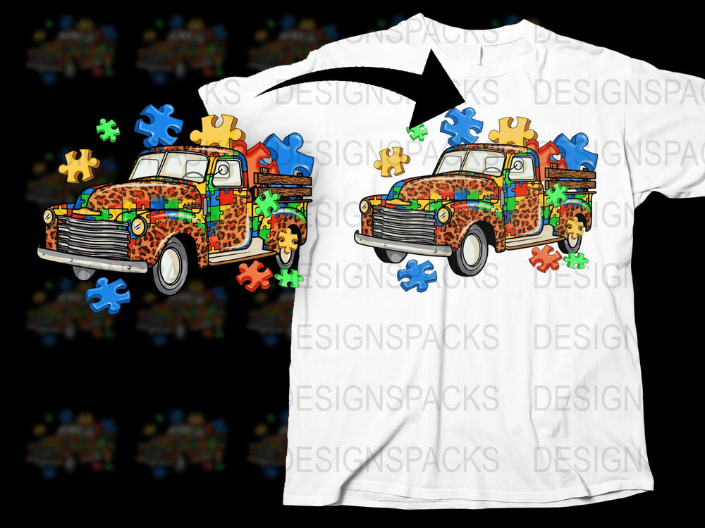 Colorful Puzzle Pieces Autism Awareness T-Shirt, Vintage Truck Design, Unisex Casual Wear