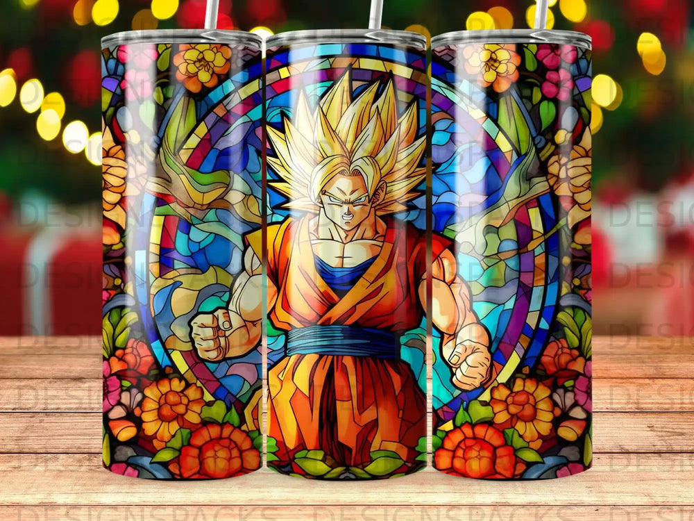 Dragon Ball Z character Goku depicted in stained glass art with floral accents.