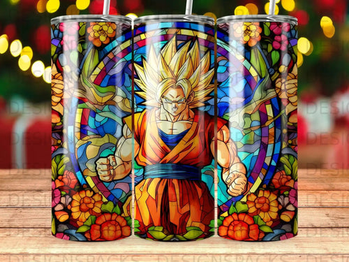 Dragon Ball Z character Goku depicted in stained glass art with floral accents.